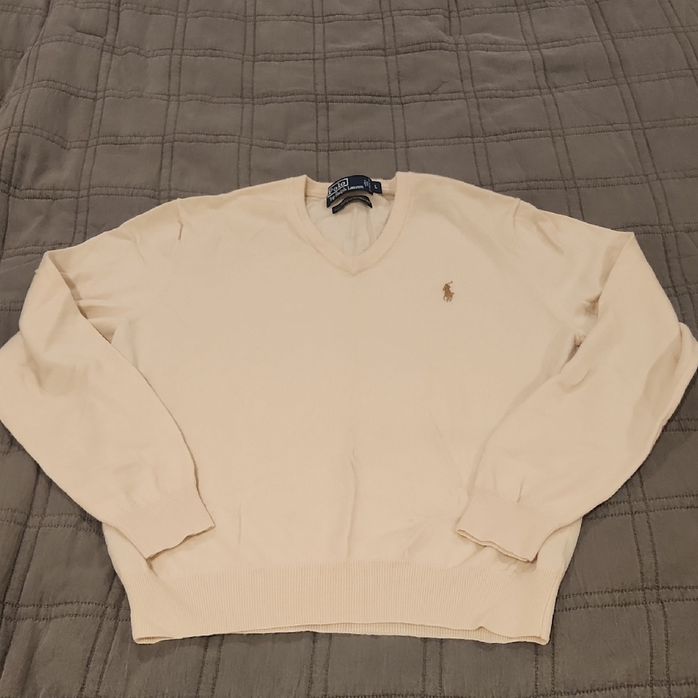 Polo by Ralph Lauren Men's V-Neck Sweater in Cream Size L!